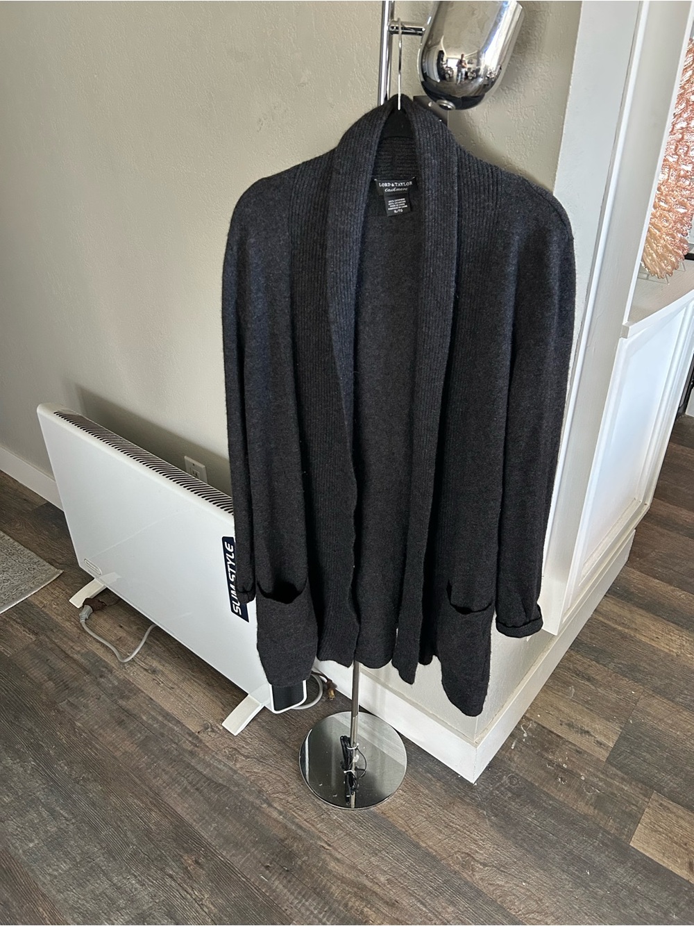 Lord & Taylor Dark Charcoal Open Draped Cashmere Cardigan
